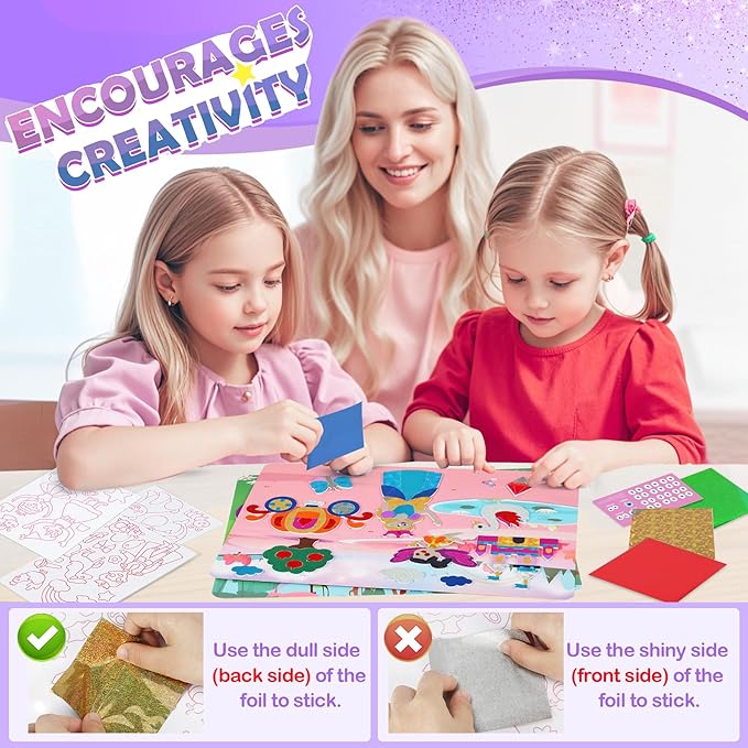Foil Arts and Crafts for Kids Ages 4-8, Large Size Princess Fun Foil Art Craft Supplies Kits, No Mess DIY Creative Activity Travel Toys, Foam Sticker Coloring Books,Party Favor Birthday Gifts for Kids