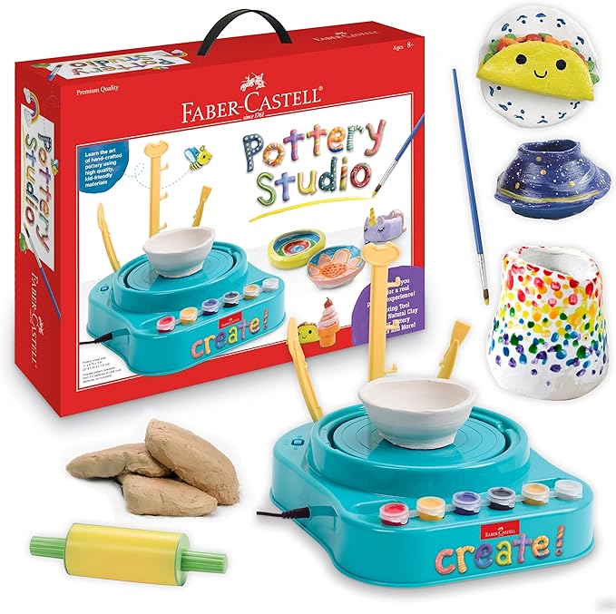 Faber-Castell Pottery Studio - Complete Pottery Wheel and Painting Kit for Beginners, 3 lbs of Sculpting Clay and Tools (Ages 8+)