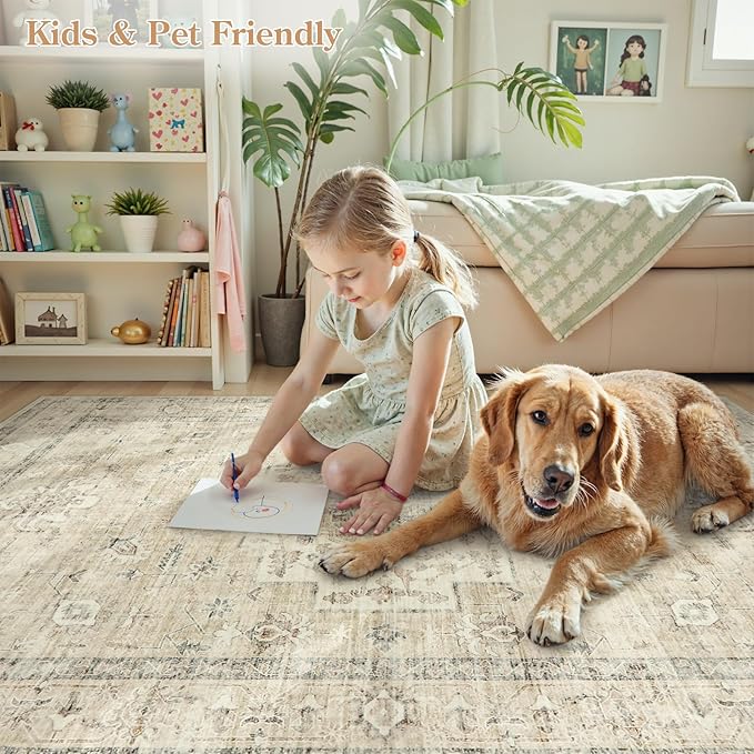 LIVEBOX Washable Area Rug 6x9 Rugs for Living Room Dining Room Under Table, Non-Slip Boho Neutral Carpet for Bedroom, Low-Pile Farmhouse Soft Carpets for Nursery Room Playroom, Tan