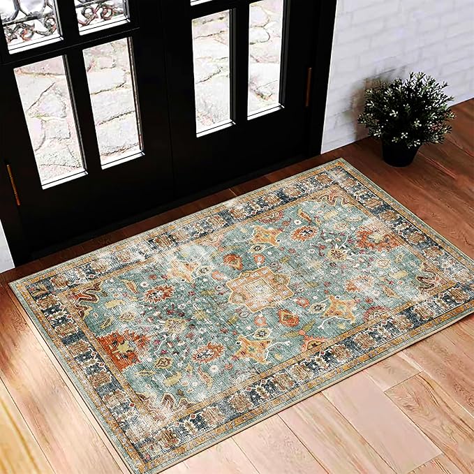 Washable Area Rug 2'x3' Door Mat Vintage Distressed Taupe Doormat Indoor Entrance Traditional Floral Print Non Slip Carpet for Kitchen Bathroom Bedroom Living Room
