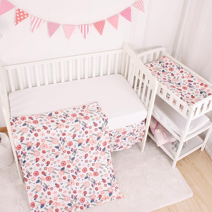 CaSaJa 4-Piece Crib Bedding Set for Boys and Girls, Nursery Baby Bedding Set Including Quilted Comforter with Fitted Crib Sheet and Changing Pad Covers, Reversible Quilt Design, Petals Flying