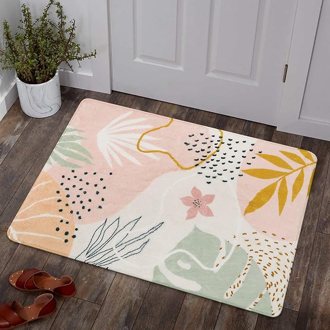 Lahome Pink Washable Entryway Rugs Indoor - 2x3 Small Non-Slip Kitchen Rug Soft Throw Rugs for Bedroom Girls Boho Botanical Print Floor Doormat Carpet for Bathroom Laundry Room Living Room Kids Room
