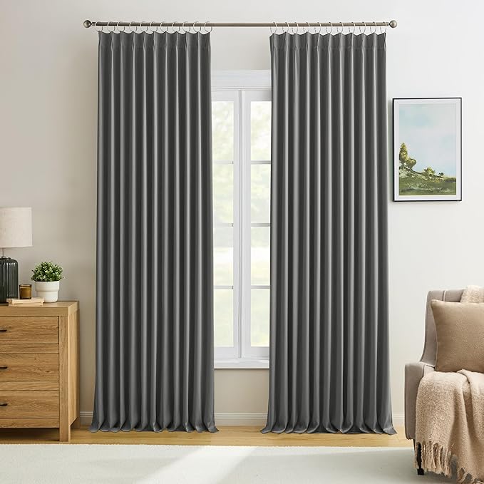KEQIAOSUOCAI Blackout Pleated Curtains 84 Inches Long, Privacy Window Drapes for Living Room/Dining Room/Bedroom, 72 Inch Wide x 84 Inch Long(6 ft x 7 ft),Grey Color, Pinch Pleat with Hooks, 2 PCs