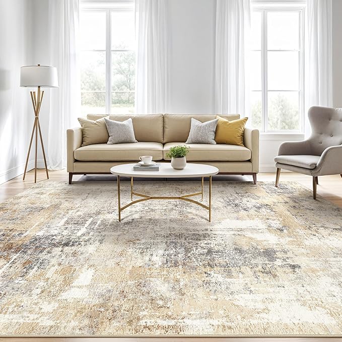 Large Area Rugs 12x15: Washable Abstract Modern Soft Rug Stain Resistant Indoor Floor Non Slip Accent Carpet for Living Room Bedroom Nursery Playroom Dining Room Office Dorm Home House- Grey Gold