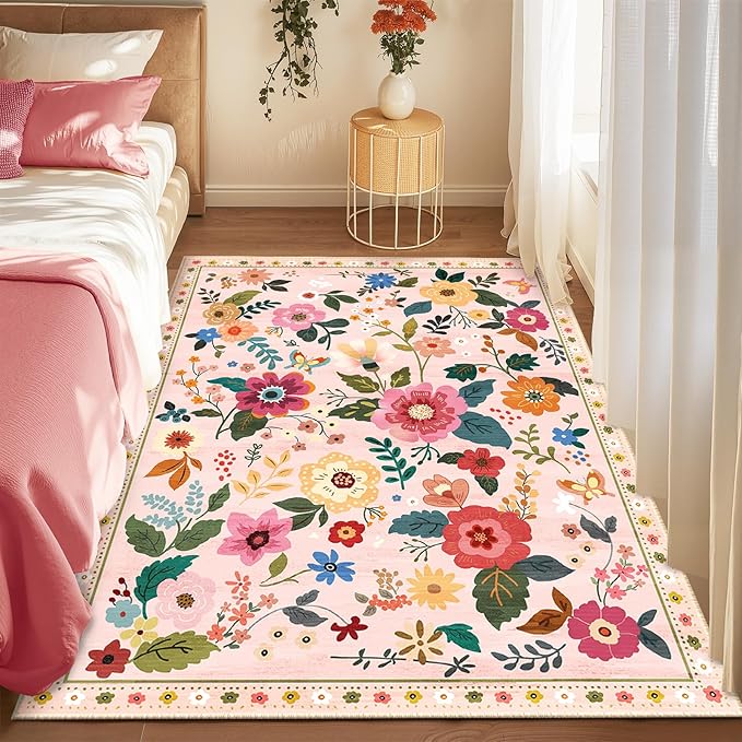 Floral 4x6 Area Rug Machine Washable Soft Print Boho Carpet Non Slip Doormat Low Pile Flower Area Rugs for Living Room Bedroom Nursery Kitchen Dining Room Indoor-Pink