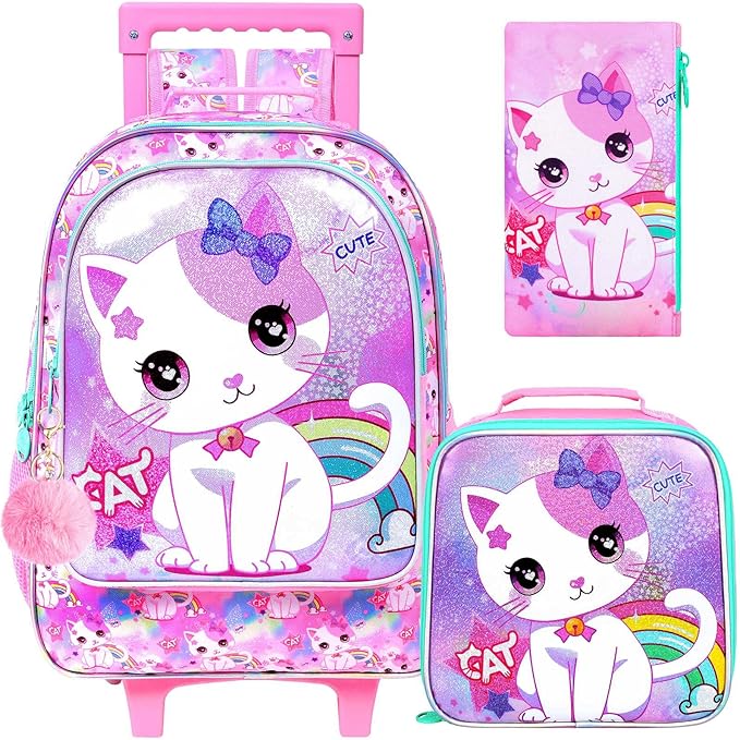 Girls Rolling Backpack, Cute Cat Roller Wheels Kids Bookbag - Wheeled Elementary School Bag - 3PCS Cat