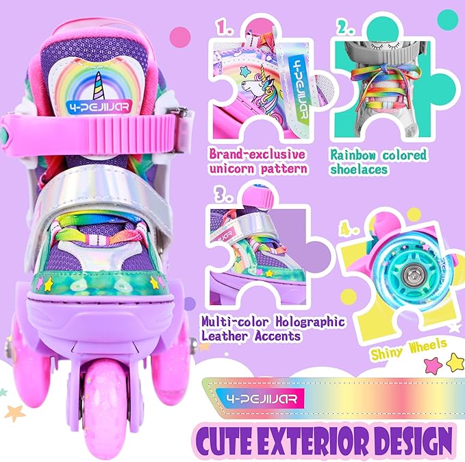 4-Pejiijar Rainbow Unicorn Kids Roller Skates for Girls Toddler Ages 2-4 5-8 8-12,Adjustable Roller Shoes with Luminous Wheels for Birthday Xmas Gifts