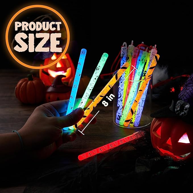 JOYIN 24 Pcs Halloween Glow Stick Hanging Wands in 8 Different Pattern Designs and 6 Colors for Kids Party Favors, Halloween Party Supplies, Glow in the Dark, Goodies Bags Fillers, Non Candy Treats