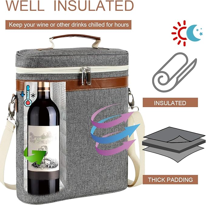 3 Bottle Insulated Wine Tote Carrier Bag, Portable Travel Padded Wine Cooler - Corkscrew Opener, Handle and Adjustable Shoulder Strap, Wine Lover Travel Picnic Party Wedding Wine Tote Grey