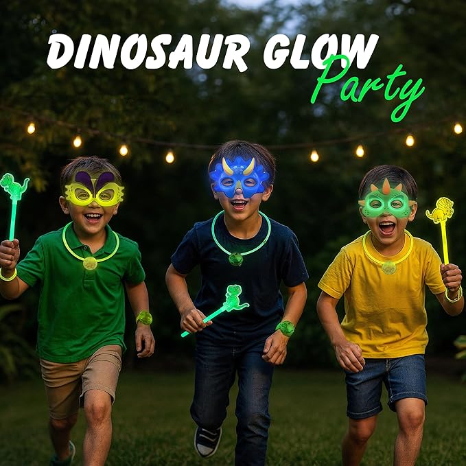 Dinosaur Party Favors Pack – Glow in the Dark Party Supplies | 6 Dinosaur Masks, 6 Bracelets, 6 Necklaces, 6 Wands, 42 Dino Glow Sticks & 80 Stickers | Birthday Classroom Halloween Trick or Treat