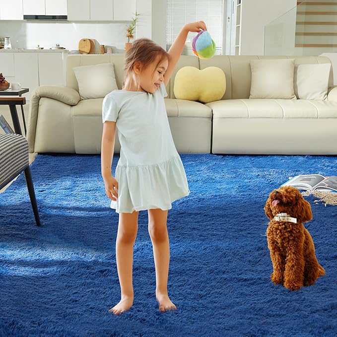 Ultra Soft Rug for Living Room, 9X12 Fluffy Shag Area Rug for Bedroom, Modern Shaggy Carpets Fuzzy Rug for Teens Dorm Nursery Home Decor Aesthetic, Upgrade Anti-Skid Durable, Blue