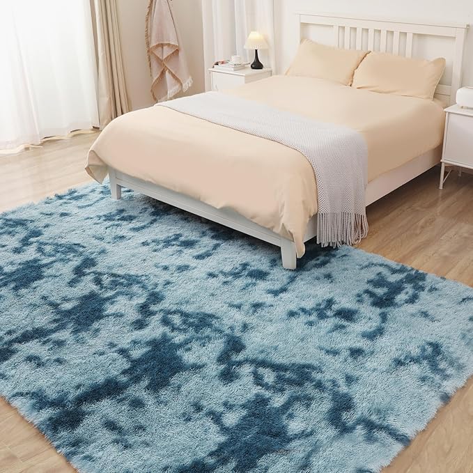 Area Rugs 8x10, Fluffy Rugs for Living Room, Ultra Soft Rugs for Bedroom, Non-Slip Indoor Carpet for Nursery, Kids Room, Playroom, Home Decor, Tie-Dyed Blue