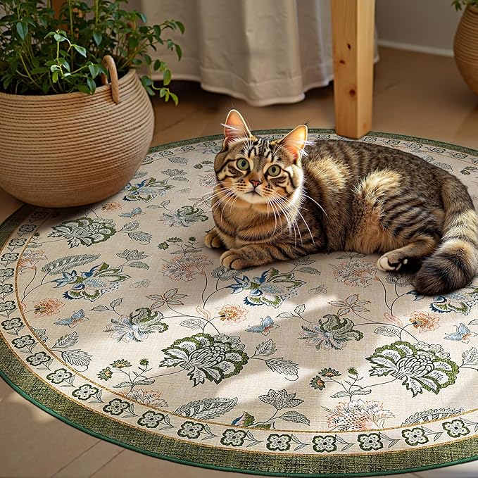 jinchan 4ft Floral Round Rug for Entryway Washable Kitchen Rug Vintage Romance Design Non Slip Indoor Doormat Lightweight Low-Profile Throw Carpet for Living Room Dining Room Bedroom, Green/Beige