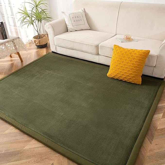 MAXYOYO Baby Play Mat, 1.2" Thick Memory Foam Soft Padded Carpet with Non-Slip Backing, 3x5 ft Japanese Tatami Rug Living Room for Kids, Toddler, Children, Nusery(Olive Green)