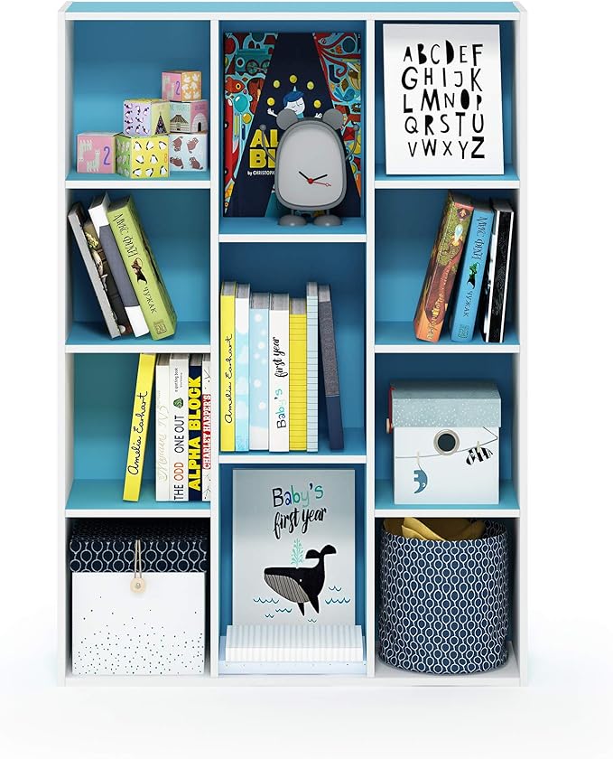 Furinno Luder Bookcase / Book / Storage , 11-Cube, White/Light Blue