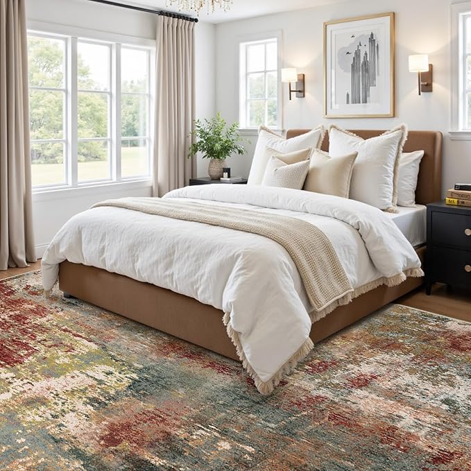 Washable Area Rugs 9'x12' Non-Slip Modern Abstract Soft for Living Room Entryway Bedroom Nursery, Print Pattern, Brown Rust Red Multi