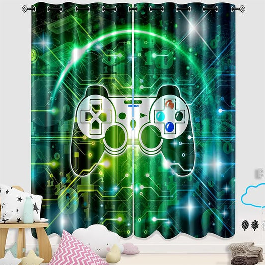 Gaming Curtain for Boys - 2Pcs Gamer Curtain Panels for Boys Bedroom Blackout Drapes Modern Games Patterns Windows Curtains Green Game Room Decor Grommet Top Curtains, 82" x 84"