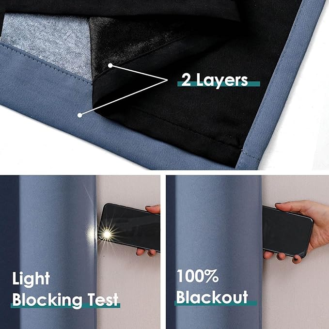 ChrisDowa 100% Blackout Curtains for Bedroom with Black Liner, 2 Thick Layers Total Blackout Thermal Insulated Grommet Small Window Curtains 2 Panels Set (Stone Blue, 42 x 45 Inch)