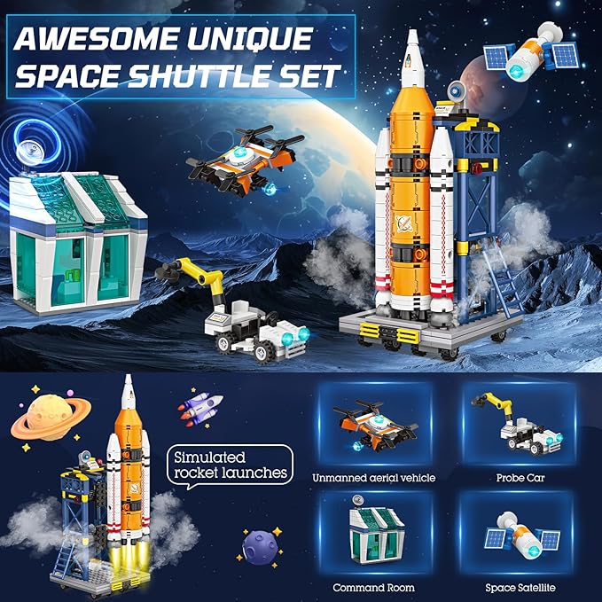 Exploratory Building Blocks Set: 461PCS Rocket, Space Shuttle, Moon Buggy, and Satellite Kit - STEM Learning with Space Capsule - Ideal for 6-12 Year Old Boys