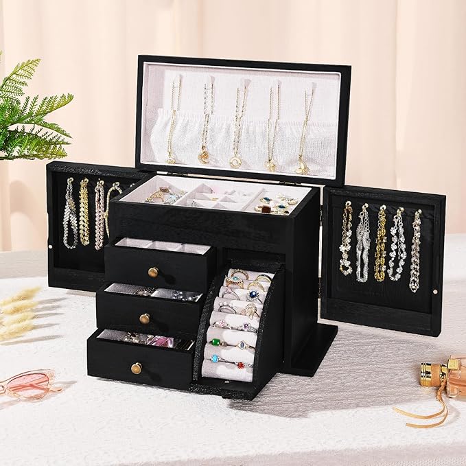 Jewelry Box Organizer, Solid Wood Jewelry Boxes for Women, Double Layer Jewelry Organizer Box Display Earring Necklace Bracelet Ring, Rustic Style Small Jewelry Box for Girls (Black)