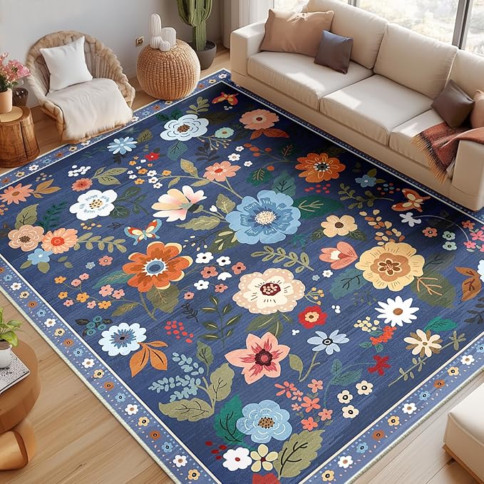 Floral 8x10 Area Rug Machine Washable Soft Print Boho Carpet Non Slip Doormat Low Pile Flower Area Rugs for Living Room Bedroom Nursery Kitchen Dining Room Indoor-Blue/Grey