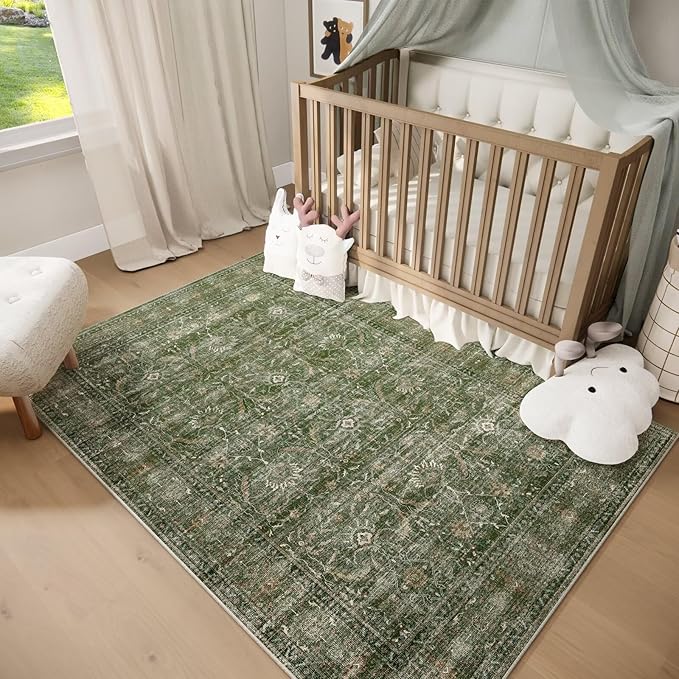 Washable 3x5 Entryway Rug Indoor, Boho Non-Slip Silicone Backing Small Rugs for Kitchen Nursery Office Bedroom, 0.3" Neutral Oriental Throw Carpet with 0.16" Cushioning Pad, Grass Green/Multi