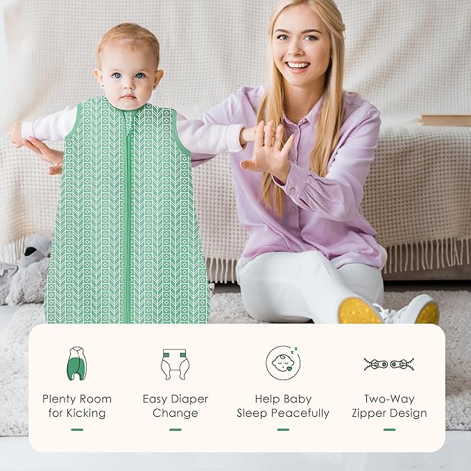 SWEET DOLPHIN Baby Sleep Sack 12-18 Months - 100% Cotton 2-Way Zipper TOG 0.5 Infant Wearable Blanket, Newborn Essentials Toddler 3 Pack Sleeping Sacks - Green