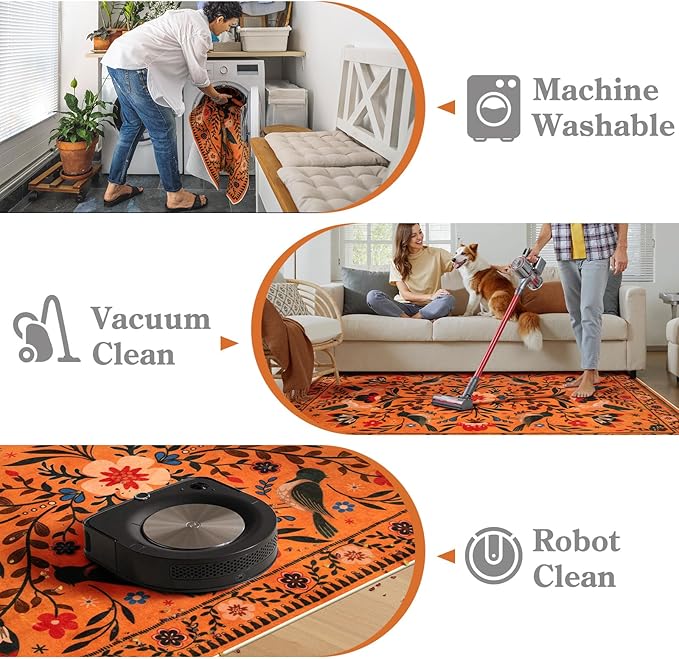 Moynesa Washable Area Rugs 5x7, Ultra Thin Soft Rugs for Living Room Bedroom Non Slip, Indoor Boho Bird Patterned Orange Floral Throw Carpet for Playroom Office Kitchen Stain Resistance