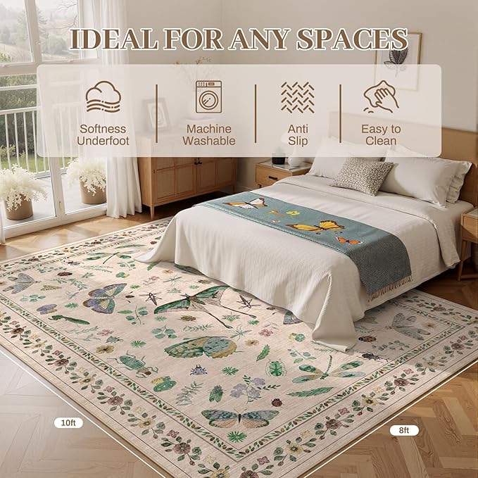 8x10 Area Rugs with Insect Print - Bug Rug Non-Shedding Stain Resistant Soft Carpet for Bedroom, Low Pile Ultra-Thin Machine Washable Carpet for Dining Room, Kids Nursery, Office (8'x10' Beige)