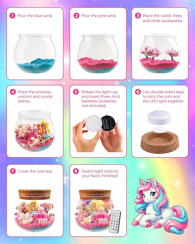 D-FantiX Unicorn Princess Toys Terrarium Kit for Kids, Led Night Light Birthday for Little Girls, DIY Arts and Crafts Science Kit for Kids Age 3 4 5 6 7 8-12 Year Old