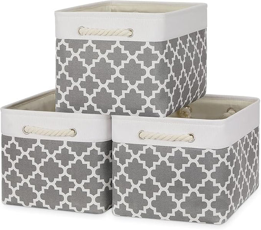 Bidtakay Basket Storage Bins Baskets for Organizing Set of 3 Collapsible Cloth Storage Linen Closet Organizer 15 X 11 X 9.5 Inches Large Foldable Baskets for Shelves (White&Quatrefoil Grey)