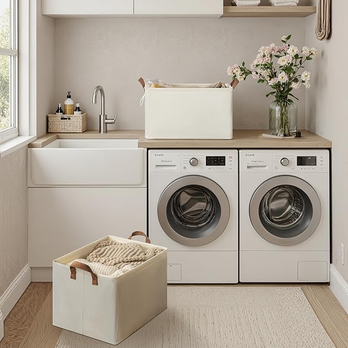 StorageWorks Storage Bins, Shelves Baskets for Organizing, 45L Extra Large Fabric Closet Organizers with Handles, Metal Frame, Beige（Texture）, 2-Pack