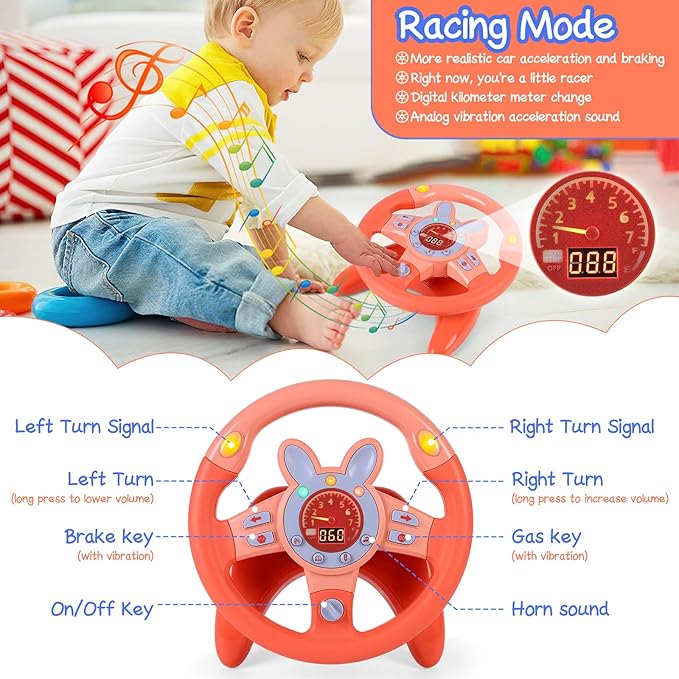 Steering Wheel Toy,Driving Steering Wheel Toy for Kids Backseat,Interactive Educational Learning Sensory Toy with Vibration,Simulated Car Toys with Light Songs for Infant Preschool Kids Toddler Gifts