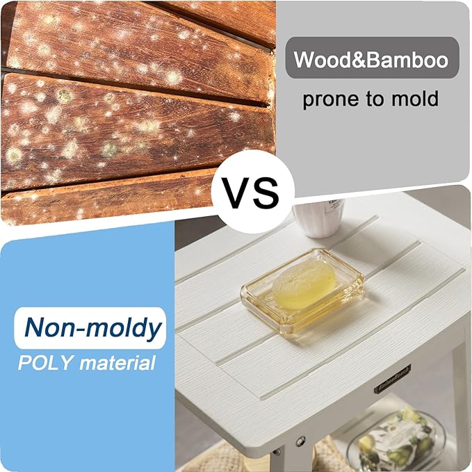 HDPS Shower Bench, White Plastic Shower Stool Seat for Shaving Legs, Spa Bath Seat, Heavy Duty Waterproof, Non-Slip, No Maintenance