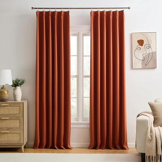 KEQIAOSUOCAI 90 Inch Burnt Orange Pleated Curtains for Living Room 2 Panels Set Fall Bohemian Decor Boho Copper Window Drapes for French Door Living Room Pinch Pleat with Hooks,W40 x L90