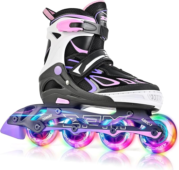2PM SPORTS Vinal Girls Adjustable Flashing Inline Skates, All Wheels Light Up, Fun Illuminating Skates for Kids Men Adult Women and Boys