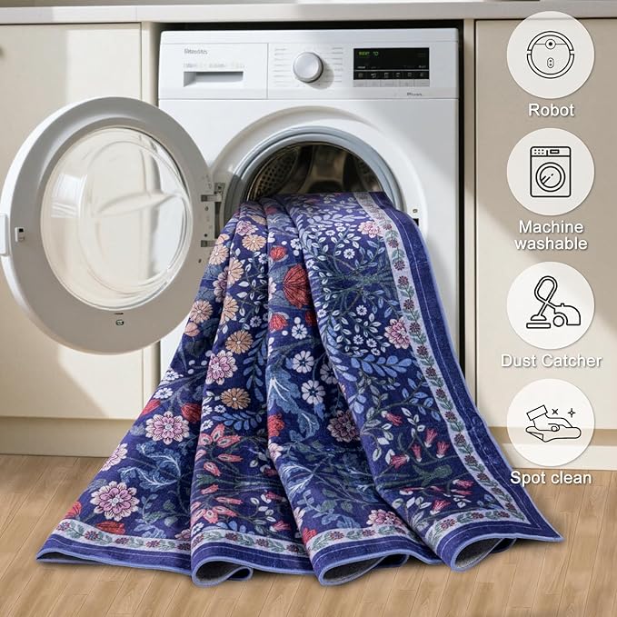 Runner Rug for Entryway: 2x10 Kitchen Rugs Non Slip Washable Ultra-Thin Soft Floral Carpet Indoor Floor Stain Resistant Carpets for Hallway Bedroom Kitchen Laundry Bathroom Dorm Blue