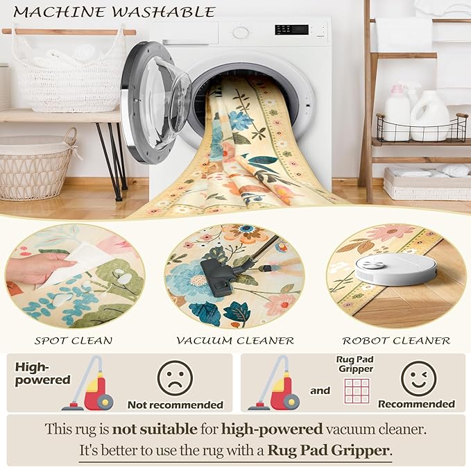 Floral 2x3 Area Rug Machine Washable Soft Print Boho Carpet Non Slip Doormat Low Pile Flower Area Rugs for Living Room Bedroom Nursery Kitchen Dining Room Indoor-Ivory/Yellow