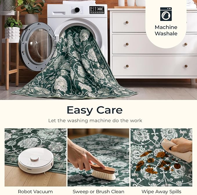 Floral 8x10 Area Rugs for Living Room, Washable Large Bedroom Rug, Soft Non Slip Carpet, Stain Resistant Low Pile Carpets for Indoor Under Table Dining Home Office Nursery, Dark Green