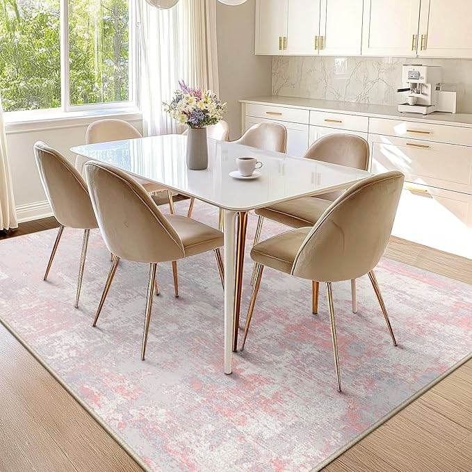 Washable Area Rugs 5'x8' Non-Slip Modern Abstract Soft for Living Room Entryway Bedroom Nursery, Print Pattern, Grey Pink