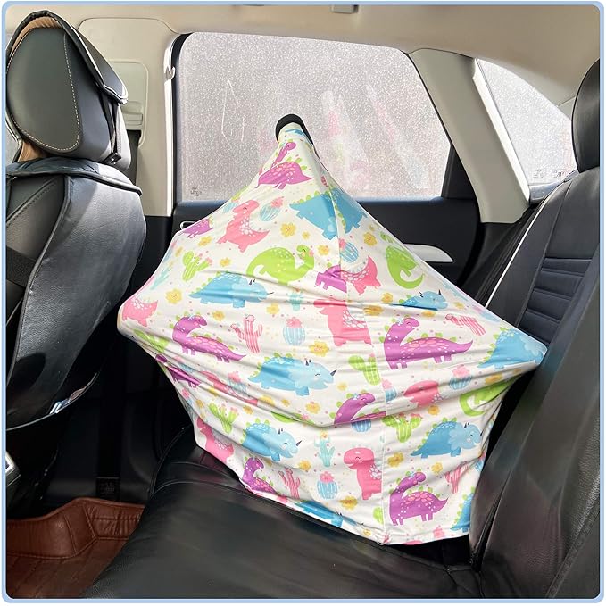 Car Seat Covers Canopy Cover - Multi-use Cover Carseat Canopy, Breathable Breastfeeding Cover, Car Seat Covers for Bbies, Boys & Girls Shower Gifts (Colorful Dinosaur)