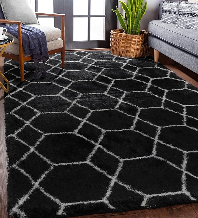 ONASAR 5x7 Area Rugs for Living Room Bedroom, Washable Fluffy Black and White Rug, Geometric Boho Soft Plush Shaggy Floor Carpet Mat for Nursery Kids Girls Boys Teen Dorm Home Decor Aesthetic