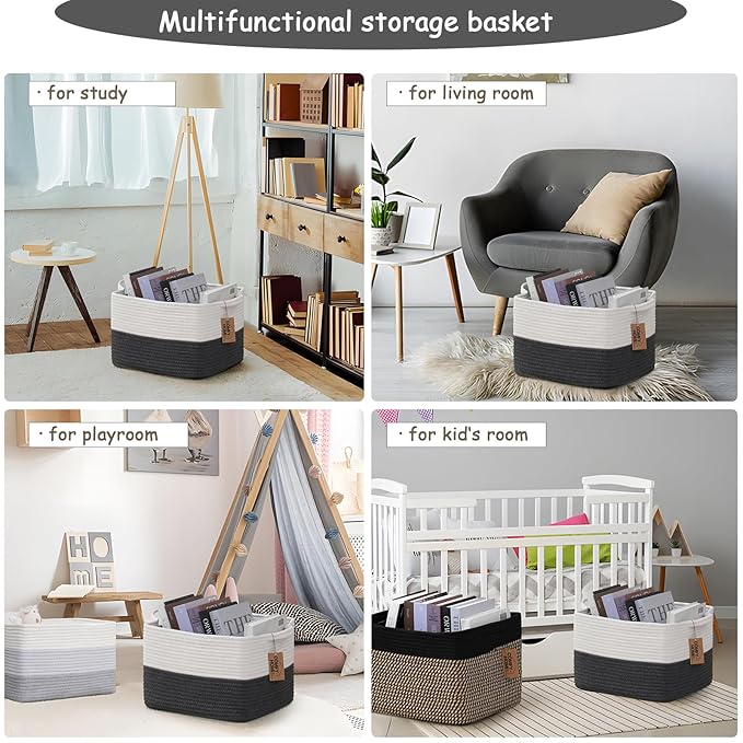 COMFY-HOMI Cotton Rope Woven Basket with Handles for Shelves,Toys,Book, Cloth Storage Baskets Bin for Organizing-13.5"x11"x9.5" Toy Decorative Organizer for Living Room, Bathroom-White/Dark Grey