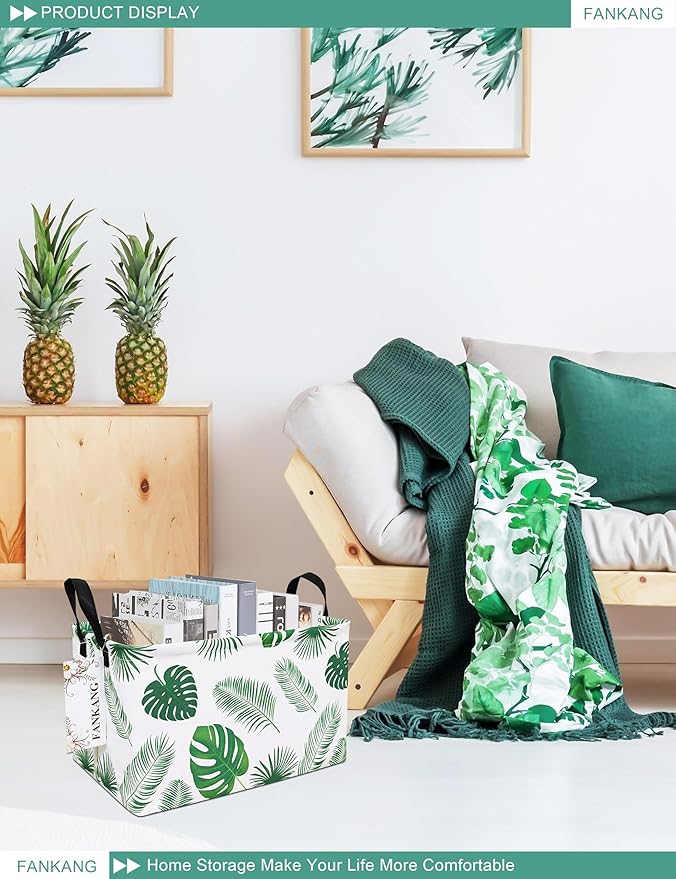 FANKANG Storage Bins, Nursery Hamper Canvas Laundry Basket Foldable with Waterproof PE Coating Large Storage Baskets for Kids Boys and Girls, Office, Bedroom, Clothes,Toys(Rec-Leaf ）