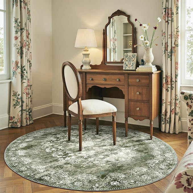 jinchan Round Rug 6ft Area Rug - Green Vintage Floor Mat Kitchen Indoor - Washable Circle 6' Thin Floral Print Carpet Retro Farmhouse Non Slip Dining Room Living Room Bedroom Office