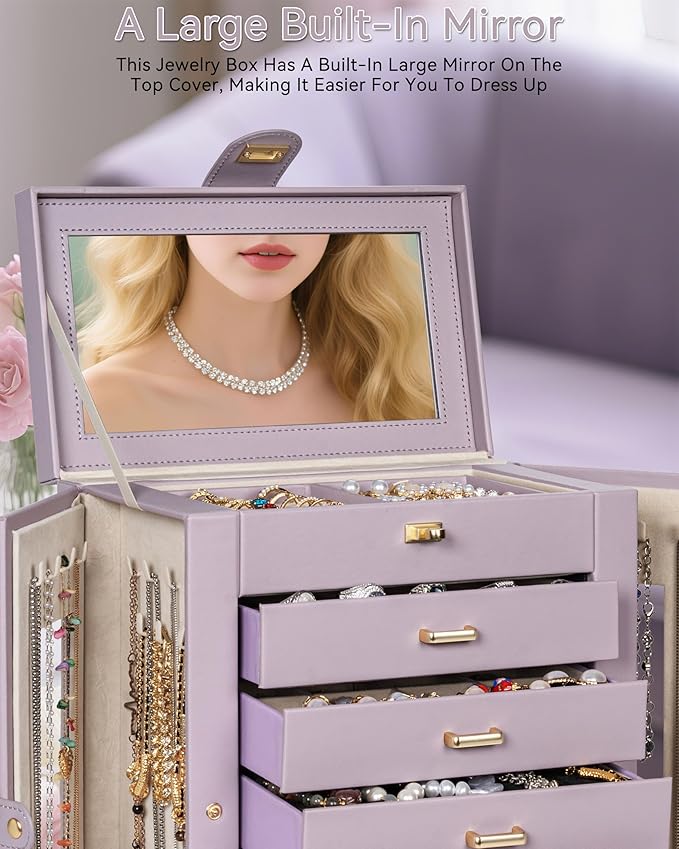 AKOZLIN 360° Rotating Jewelry Box 6-Tier Organizer Functional Jewelry Storage Case for Women Girls Ring Necklace Earring Bracelet Holder with Mirror Purple