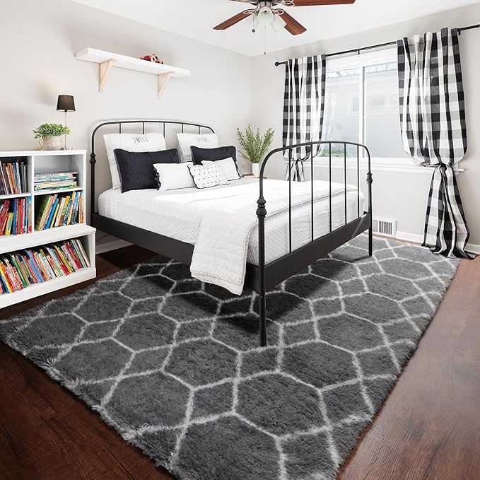 ONASAR Area Rugs for Living Room Bedroom, 5x8 Washable Fluffy Grey and White Rug, Geometric Boho Soft Plush Shaggy Fuzzy Floor Carpet for Nursery Kids Girls Boys Teen Dorm Home Decor Aesthetic