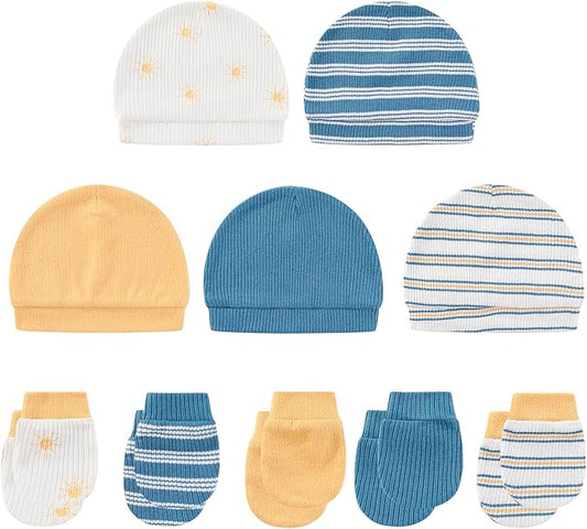 Baby Hat and Mittens Set Cotton Newborn Baby Hats Caps for Boys and Girls, 0-6 Months