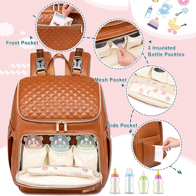 Weitars Diaper Bag Backpack Leather Baby Diaper Bag with Changing Pad Travel Diaper Backpack,Baby Bag for Mom,Stroller Straps,5 Insulated Pockets (Brown Leather)