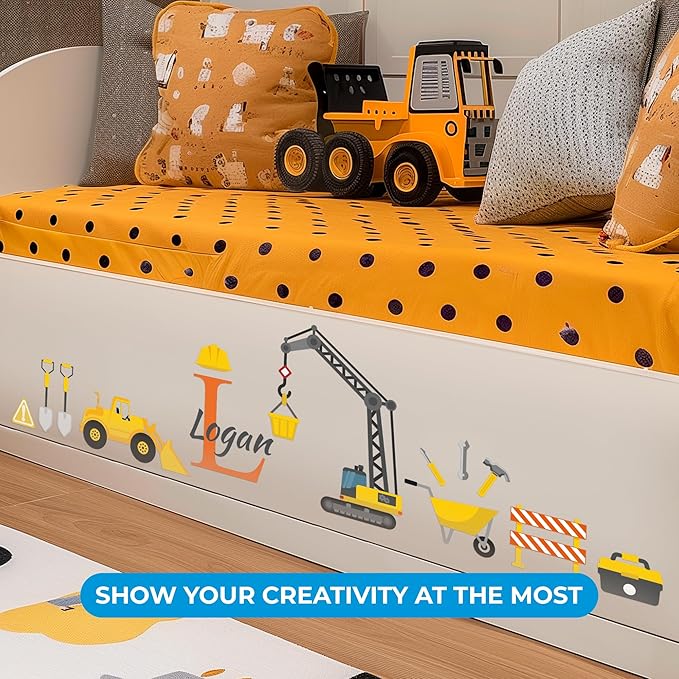 CRYPTONITE Custom Toddler Construction Crane Wall Decal I Personalized Name & Initial I Nursery Decor I Polyvinyl Chloride Sticker - Made in USA (Medium, Multicolor Options)